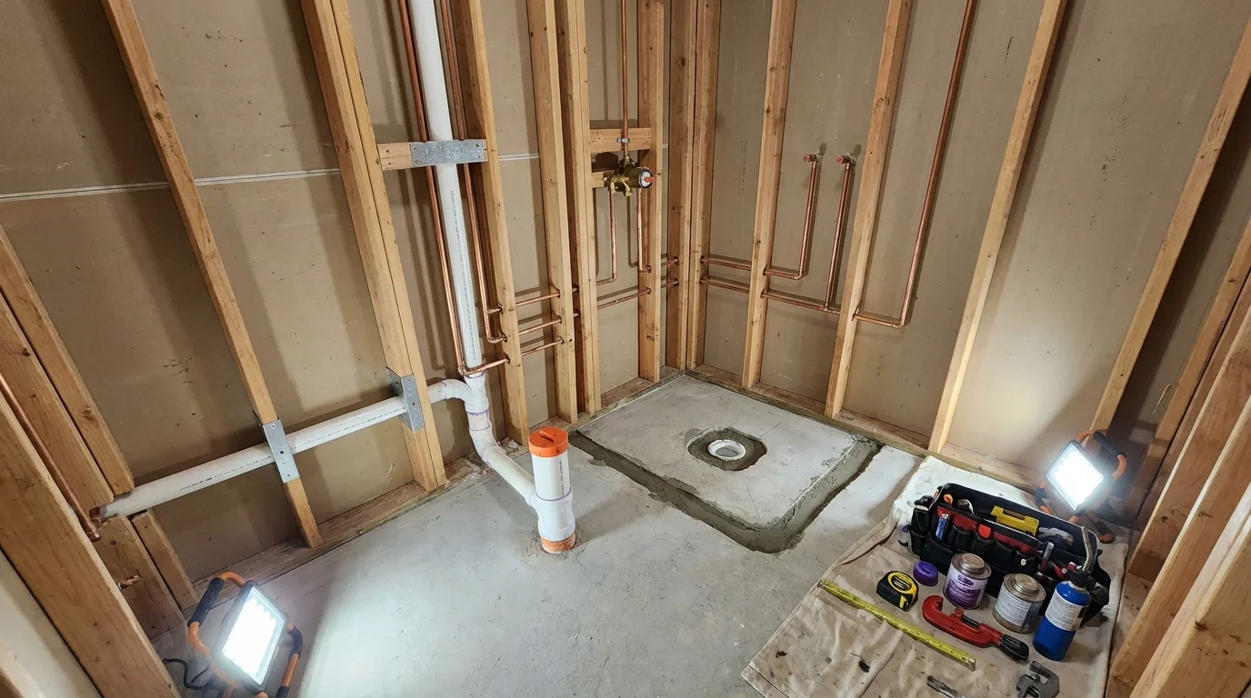 Bathroom rough-in plumbing during remodel by Johns Plumbing LLC in Ransom Canyon