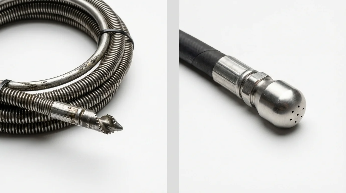 Drain snake cable and hydro jetting nozzle used for drain cleaning in Ransom Canyon, TX