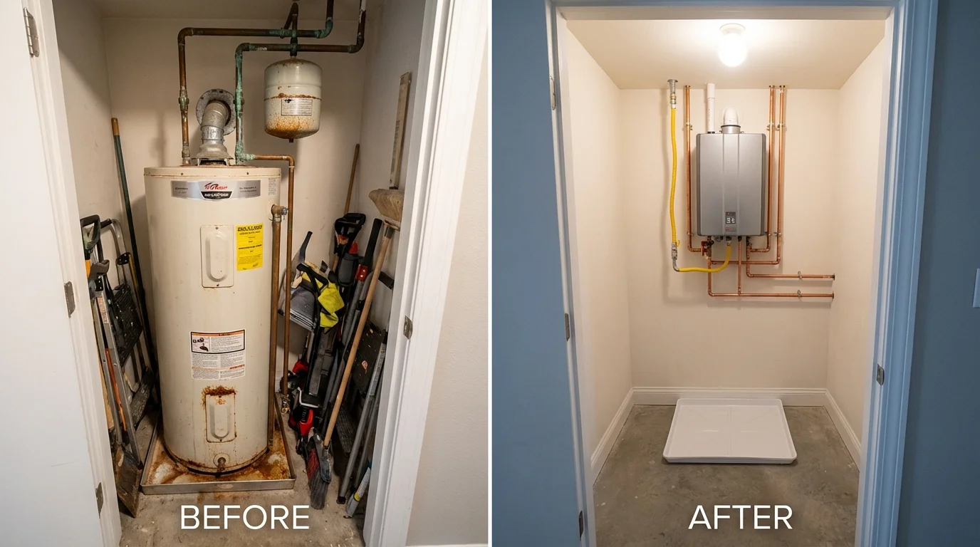 Tank water heater versus wall-mounted tankless unit comparison for Ransom Canyon, TX homeowners