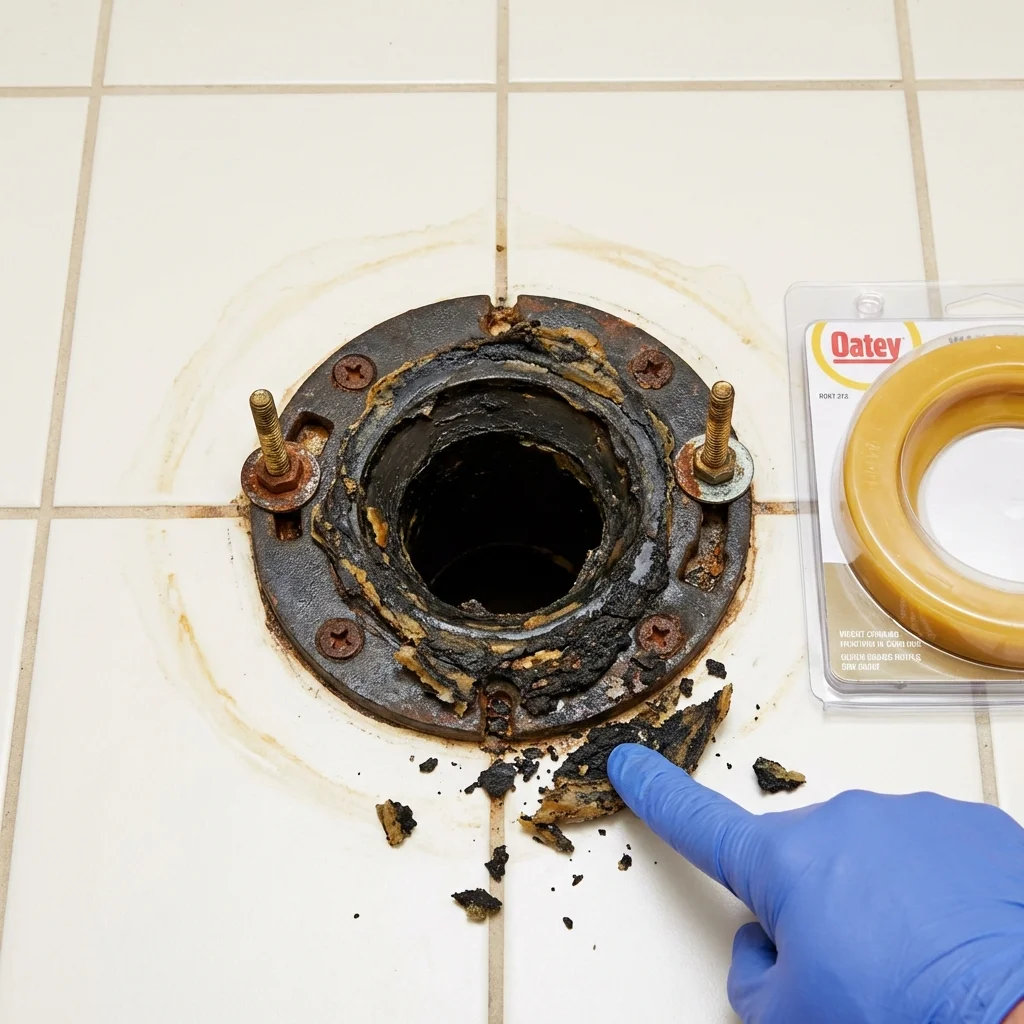 Failed wax ring showing water seepage at the base of a toilet in a Ransom Canyon, TX home
