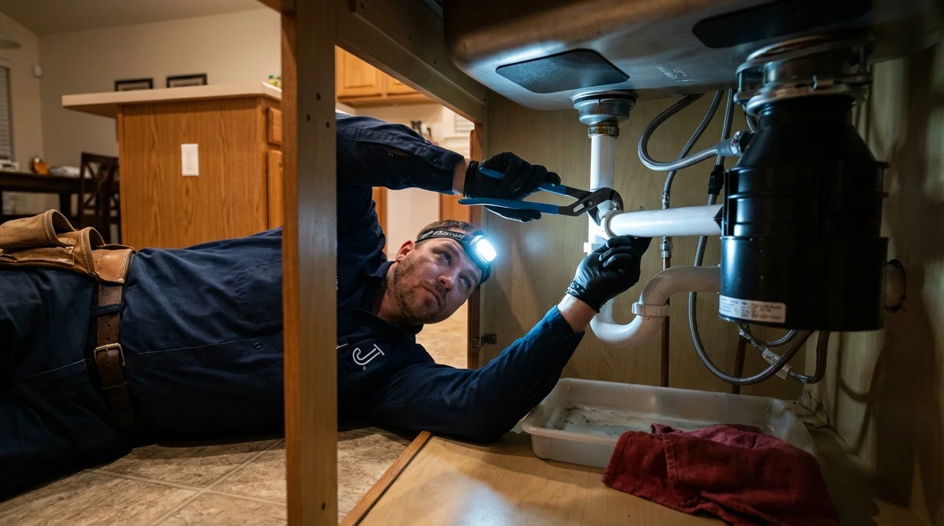P-trap and supply line connections under a kitchen sink showing a common leak point in Ransom Canyon, TX